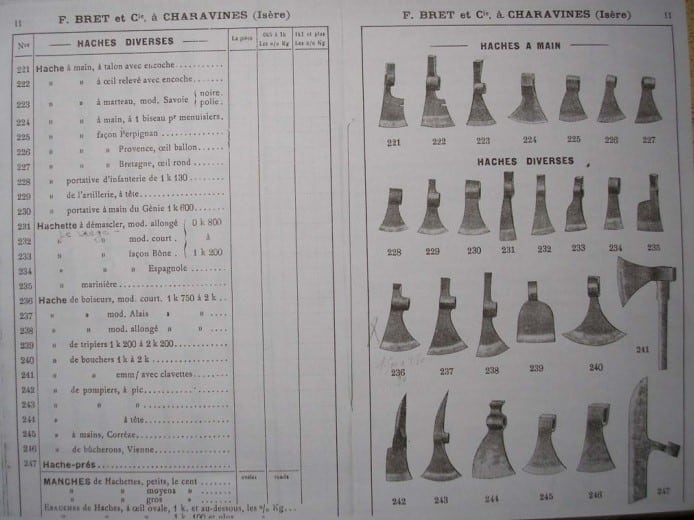 Vaste choix de haches dans un vieux catalogue Bret